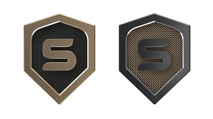 Number 5, metal shield logo with grid.