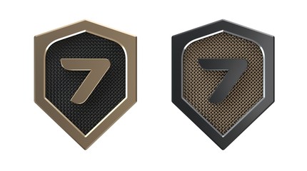Number 7, metal shield logo with grid.