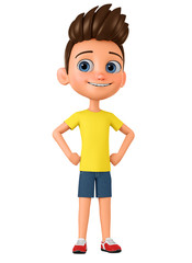 Cartoon character boy hands on hips on white background. 3d rendering. Illustration for advertising.