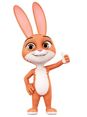 Fototapeta na wymiar Rabbit cartoon character shows thumb up on a white background. 3d rendering. Illustration for advertising.