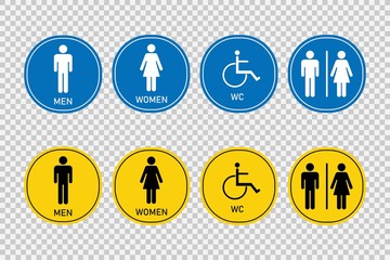 Toilet signs, Man, woman, disabled person. Signed round signs.