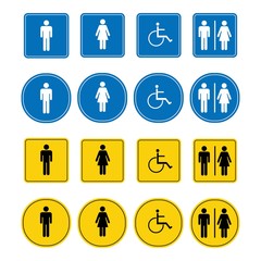 Toilet signs, Man, woman, disabled person. in circles.