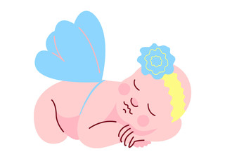 Lovely Newborn Baby Dressed in Flower Headband and Wings Sleeping Vector Illustration