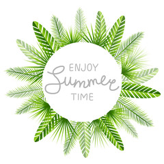 Green tropical leaves round frame with summer message