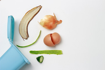 organic waste and dumpster on a white background, the concept of garbage sorting