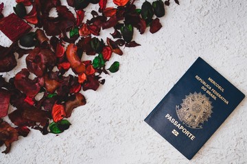 Flat Lay with a white background and Brazilian Passport