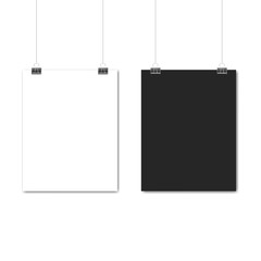 White and black poster hanging. Mock up empty paper blank. Vertical and horizontal template on white background.