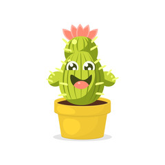 Cute Cartoon Cactus Character with Happy Funny Face Vector Illustration