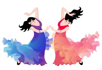 Two spanish girls - flamenco dancers isolated on white background.