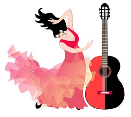 Spanish girl - flamenco dancer and big black and red guitar isolated on white background.