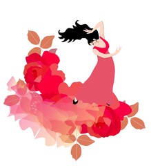 Large red roses, a flying bird-shaped shawl and a spanish flamenco dancer.