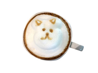 Hot cappuccino coffee in white cup isolated on white background. Art of milk foam drawing to be mini bear.