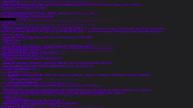 Purple screen coding hacker concept animation with glitch. Programming code typing error. Big data and Internet cyber attack. Programming code abstract. Blockchain concept, computer digital code