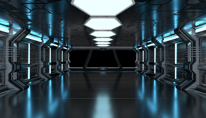 Dark blue spaceship futuristic mockup interior with window view 3d rendering © sdecoret