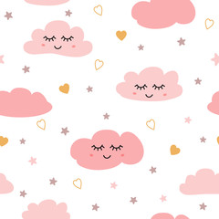 Seamless pattern with smiling sleeping clouds stars Pink baby girl pattern Vector