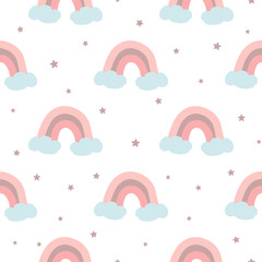 Seamless pattern with pink rainbow clouds stars Pink baby girl pattern Vector