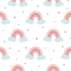 Foto op Plexiglas Naadloos patroon met roze regenboogwolken sterren Roze babymeisje patroon Vector © Tani Kuzminka