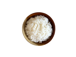 Fototapeta na wymiar Boiled rice in brown bowl top view isolated on white background