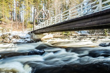 Long exposure photo. Dam and threshold on the river Jokelanjoki, Kouvola, Finland
