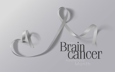 Brain Cancer Awareness Calligraphy Poster Design. Realistic Grey Ribbon. May is Cancer Awareness Month. Vector