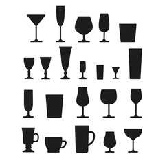 Glasses for drinks icons set, isolated vector. Black silhouette on white background