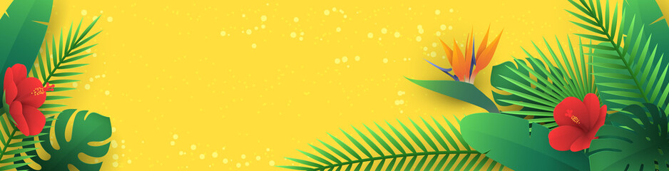 Vector horizontal banner with tropical leaves and flowers in paper cut style (hibiscus, strelitzia, palm, banana leaf, monstera) on yellow background. Origami exotic floral decor for travel newsletter - obrazy, fototapety, plakaty