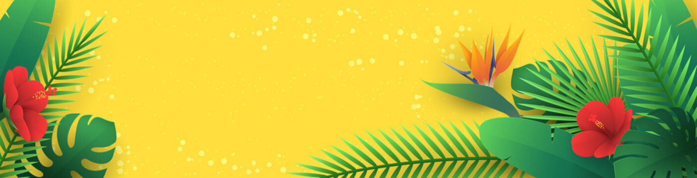 Fototapeta Wektor poziomy baner z tropikalnych liści i kwiatów w stylu cięcia papieru (hibiskus, strelitzia, palmy, liść banana, monstera) na żółtym tle. Egzotyczny kwiatowy wzór origami do biuletynu podróżniczego