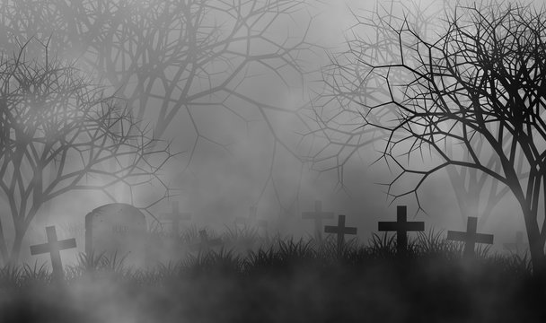 Scary cemetery in creepy forest illustration halloween concept design background