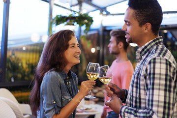 Side view of young diverse couple having fun at party: chatting and clinking wineglasses