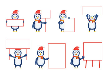 Set of Christmas penguin characters posing with different blank banners. Cheerful penguin holding paper, poster, placard, pointing to whiteboard. Teach, advertise, promote. Vector illustration