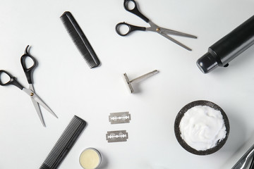 Set of male shaving accessories on white background