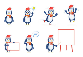 Set of Christmas penguin characters posing in different situations. Cheerful penguin talking on phone, pointing up, skating, jumping, holding banner, pointing to whiteboard. Vector illustration