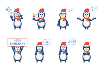 Set of Christmas penguin characters posing in different situations. Cheerful penguin karaoke singing, dancing, sleeping, thinking, laughing, surprised, holding banner. Flat style vector illustration