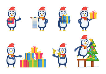 Set of Christmas penguin characters posing in different situations. Cheerful penguin holding gift box, scroll, jingle bells, decorating Christmas tree. Flat style vector illustration