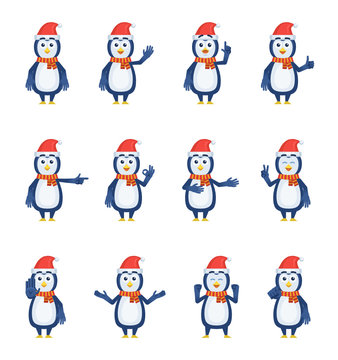 Set of Christmas penguin characters showing different hand gestures. Cheerful penguin showing thumb up, waving, greeting, pointing up and other hand gestures. Flat style vector illustration