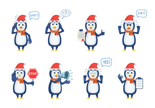 Set of Christmas penguin characters posing in different situations. Cheerful penguin talking on phone, surprised, thinking, angry, holding stop sign, loudspeaker, document. Vector illustration