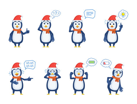 Set of Christmas penguin characters posing in different situations. Cheerful penguin talking on phone, thinking, pointing up, laughing, crying, tired, full of energy. Flat style vector illustration