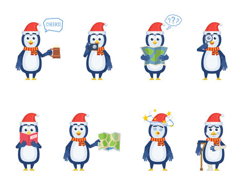 Set of Christmas penguin characters posing in different situations. Cheerful penguin holding mug of beer, map, magnifier, reading a book, injured, dizzy. Flat style vector illustration