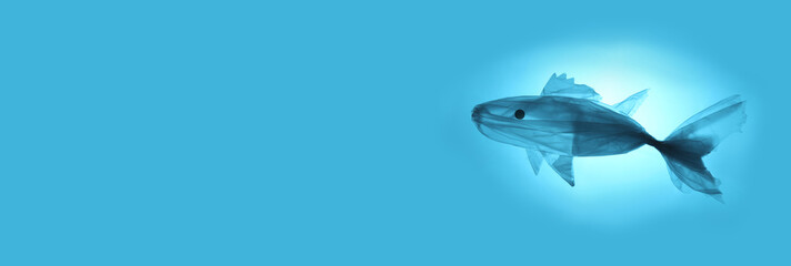 Pollution of world's oceans with plastic garbage. Blue fish out of waste. Recycling and ban on use of polyethylene. Isolated on white background.