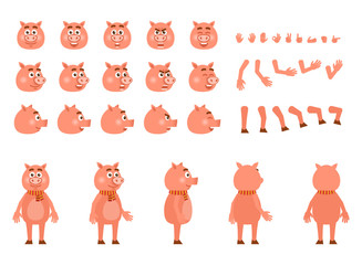 Pig character creation kit. Create your own actions, emotions, poses, facial expressions. Flat design vector illustration