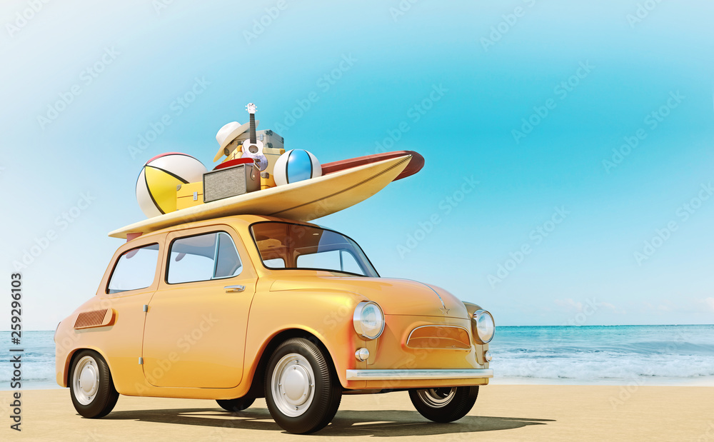 Wall mural small retro car with baggage, luggage and beach equipment on the roof, fully packed, ready for summe - Wall murals