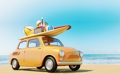 Small retro car with baggage, luggage and beach equipment on the roof, fully packed, ready for summer vacation, concept of a road trip with family and friends - obrazy, fototapety, plakaty