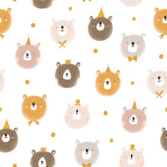 Cute bear faces with golden foil textures, seamless pattern