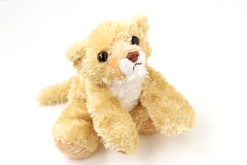 Soft toy bear is located on a white background