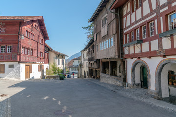 Werdenberg, SG / Switzerland - March 31, 2019: Werdenberg village with historic and traditional buildings and architecture details