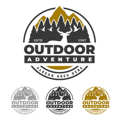 Outdoor life logo, deer forest and mountain peak, adventure emblem