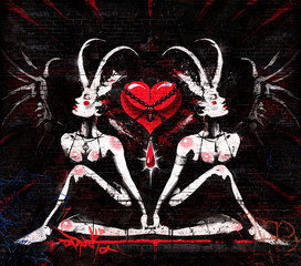 Graffiti on a brick wall two beautiful demoness between which a bloody heart in chains - obrazy, fototapety, plakaty