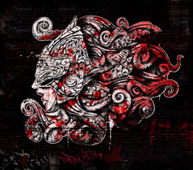 Graffiti on the brick wall of a bloody Valkyrie with tentacles instead of hair - obrazy, fototapety, plakaty