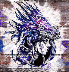 Graffiti on the brick wall of the girl magician in a dragon mask - obrazy, fototapety, plakaty