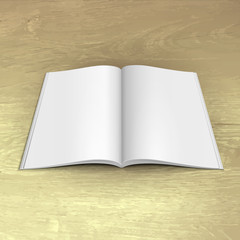 Blank Open Magazine, Book, Booklet, Brochure, Cover. White On Wood Texture Background. Mock Up Template Ready For Your Design. Vector EPS10